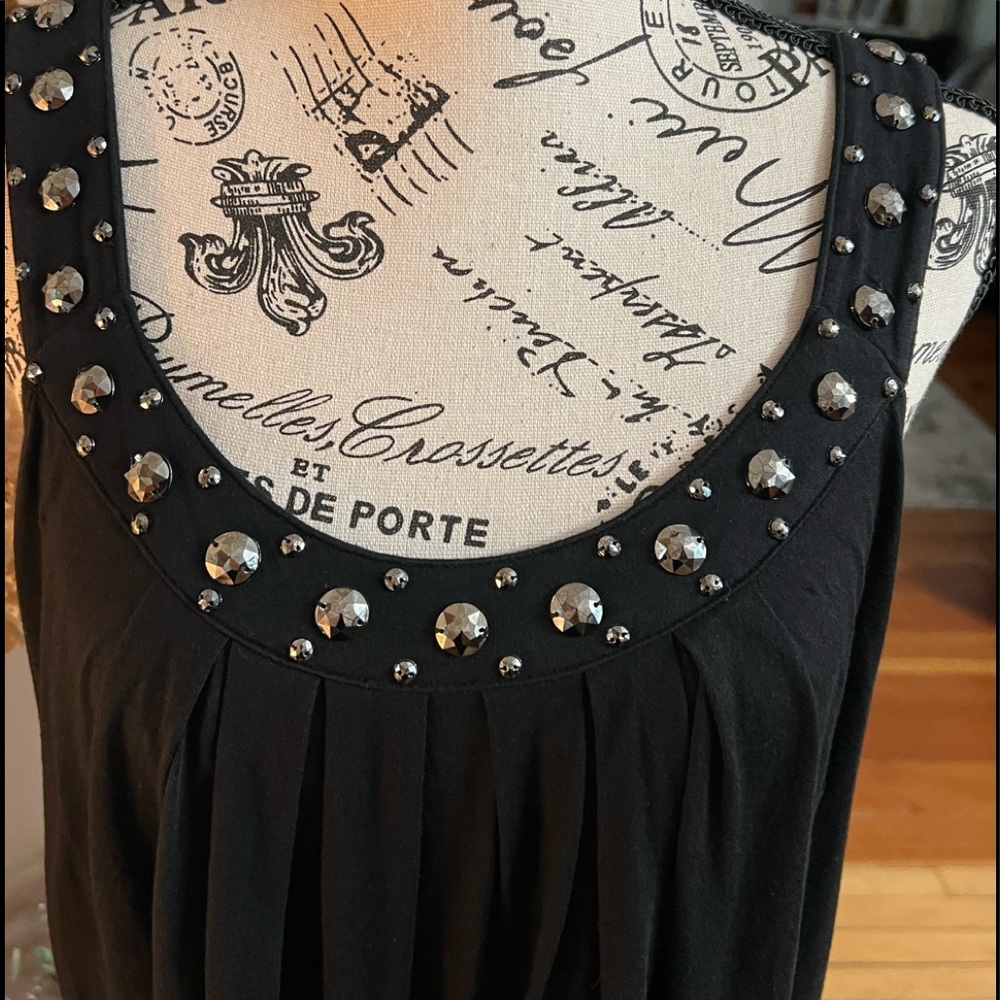 S O L D ❗️💎GORGEOUS Jet Black Blousy EXPRESS Top Black Bejeweled Straps/Neck -M - Picture 1 of 10